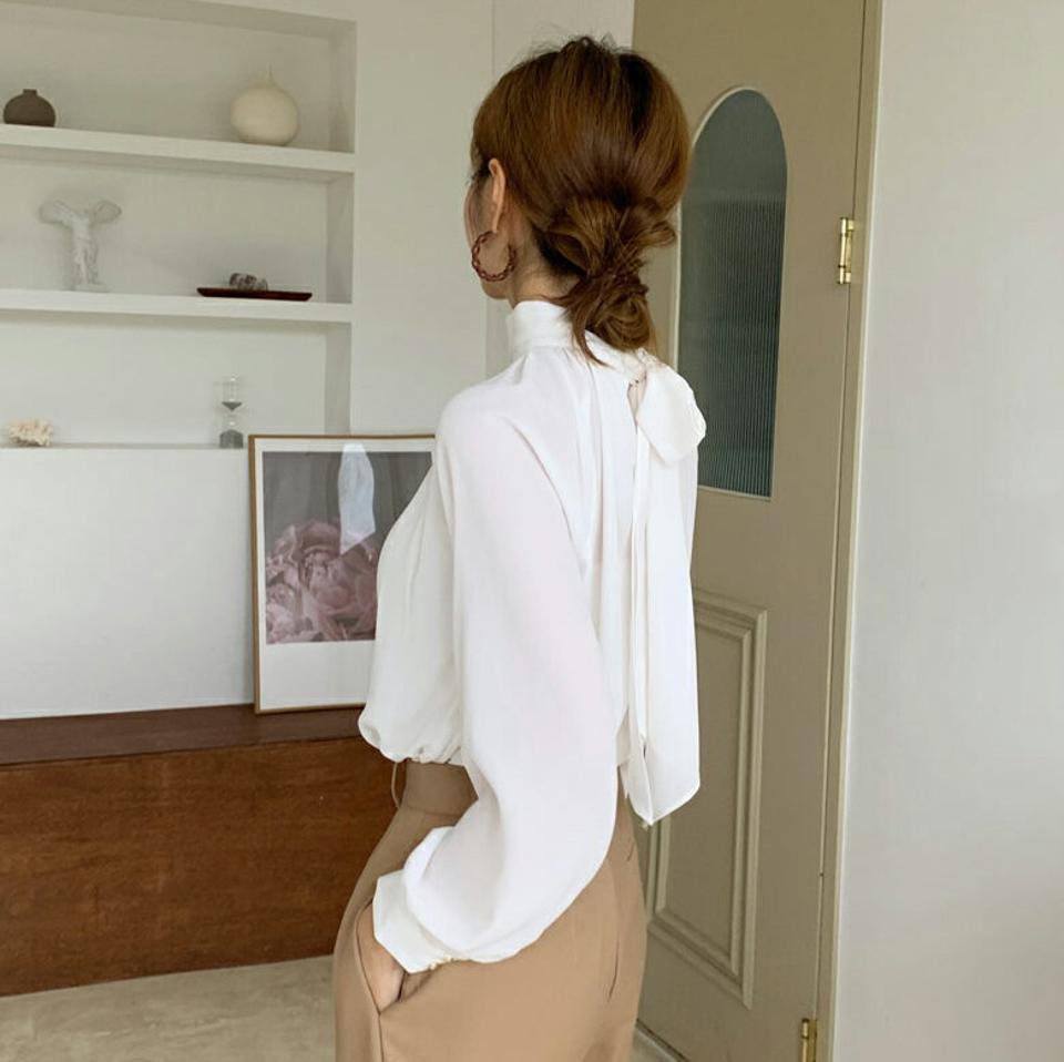 ギャザーハイネックリボンブラウス・全4色・b00124 レディース 【bl】 トップス ブラウス 長袖 ギャザー ハイネック リボン オフィスカジュアル 大人 オフィス 襟コン フェミニン カジュアル ネックリボン 春 秋 韓国ファッション ハイホリHIHOLLI