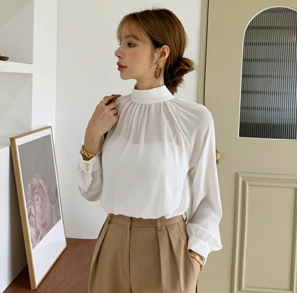 ギャザーハイネックリボンブラウス・全4色・b00124 レディース 【bl】 トップス ブラウス 長袖 ギャザー ハイネック リボン オフィスカジュアル 大人 オフィス 襟コン フェミニン カジュアル ネックリボン 春 秋 韓国ファッション ハイホリHIHOLLI