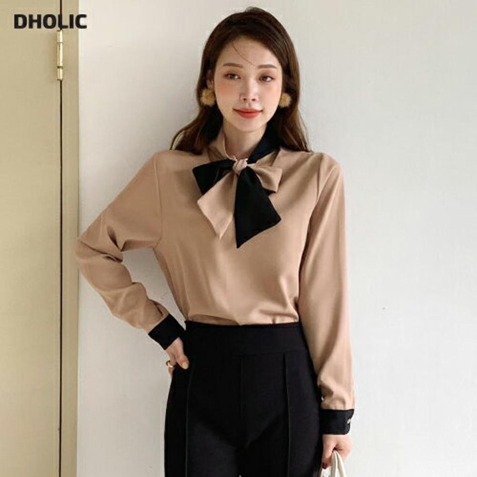 ≪人気商品再入荷≫バイカラーボウタイブラウス・全2色・b00123 レディース 【bl】 トップス ブラウス 長袖 ボウタイネック 襟コン オフィス フェミニン 上品 デコラティブ オケージョン 春 秋 韓国ファッション HIHOLLI クリスマス