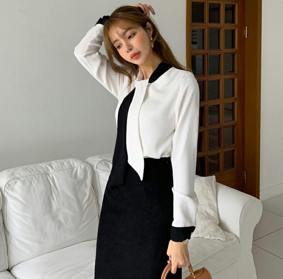 ≪人気商品再入荷≫バイカラーボウタイブラウス・全2色・b00123 レディース 【bl】 トップス ブラウス 長袖 ボウタイネック 襟コン オフィス フェミニン 上品 デコラティブ オケージョン 春 秋 韓国ファッション HIHOLLI クリスマス