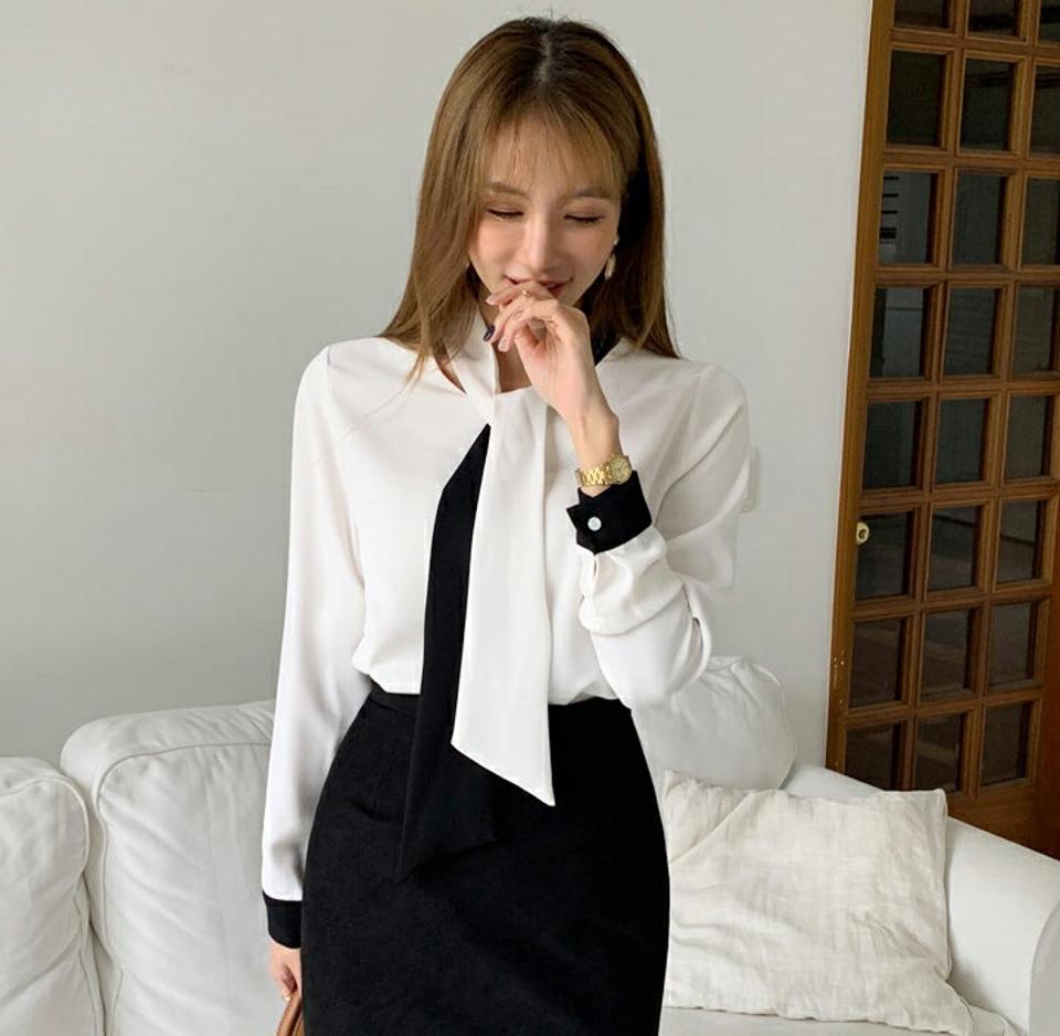 ≪人気商品再入荷≫バイカラーボウタイブラウス・全2色・b00123 レディース 【bl】 トップス ブラウス 長袖 ボウタイネック 襟コン オフィス フェミニン 上品 デコラティブ オケージョン 春 秋 韓国ファッション HIHOLLI クリスマス