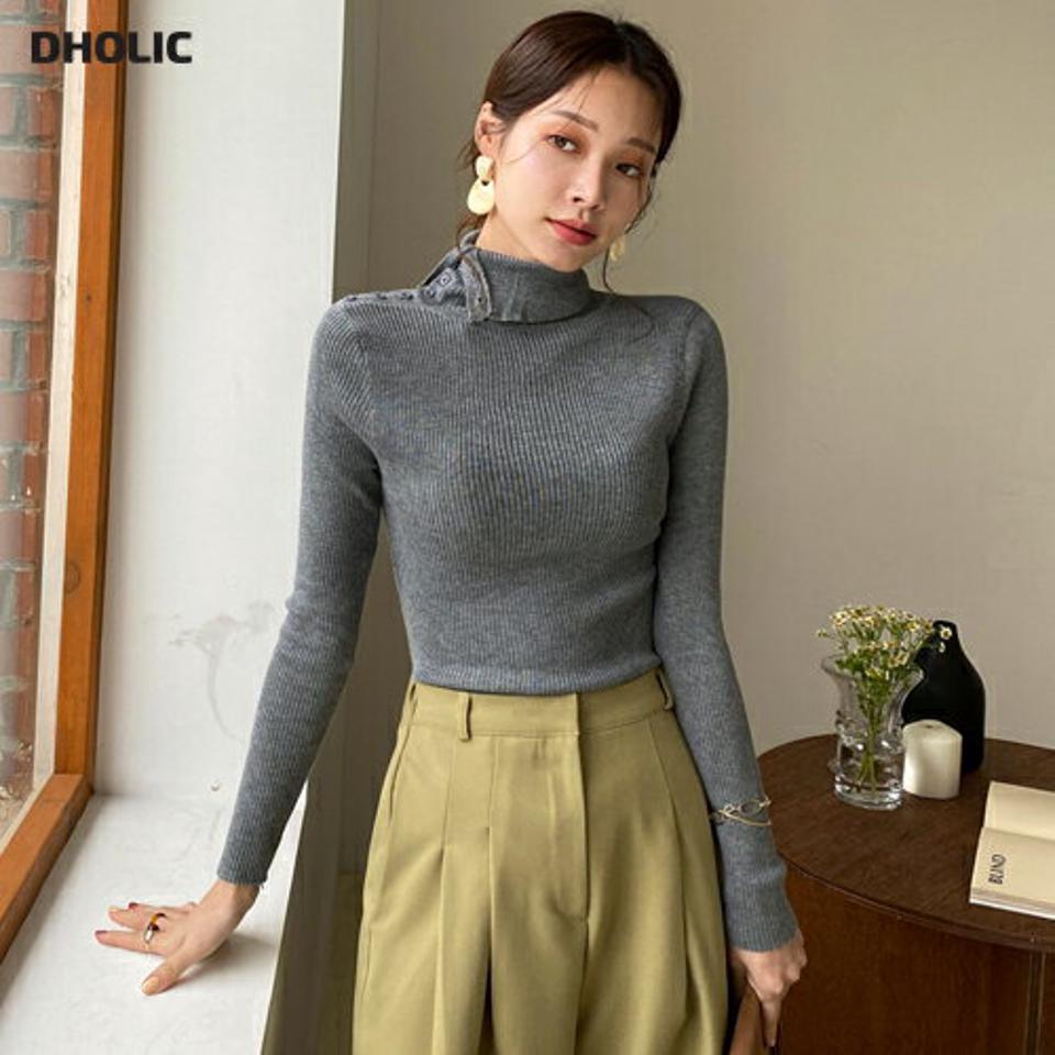 スリムフィットボタンタートルネックニット・全3色・b00122 レディース 【tops】 トップス ニット 長袖 スリム フィット ボタン タートルネック あたたかい カジュアル ベーシック 冬 春 秋 韓国ファッション ハイホリHIHOLLI