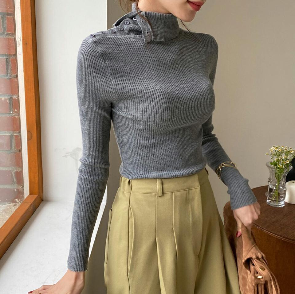 スリムフィットボタンタートルネックニット・全3色・b00122 レディース 【tops】 トップス ニット 長袖 スリム フィット ボタン タートルネック あたたかい カジュアル ベーシック 冬 春 秋 韓国ファッション ハイホリHIHOLLI