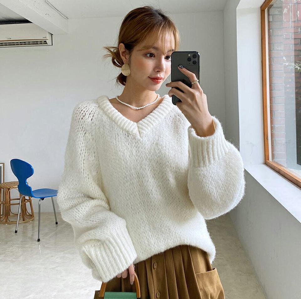 【只今10%OFF】アルパカ混ロングニット・全5色・t00119 レディース 【tops】 トップス ニット 長袖 アルパカ Vネック スリム ルーズ ゆったり あたたかい カジュアル ベーシック 体型カバー 冬 春 秋 韓国ファッション ハイホリHIHOLLI【NIT】