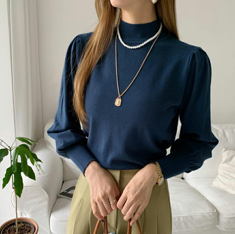 ハーフネックパフスリーブニット・全6色・b00118 レディース 【tops】 トップス ニット 長袖 ハーフネック パフスリーブ リブ スリム フィット あたたかい カジュアル ベーシック 体型カバー 冬 春 秋 韓国ファッション ハイホリHIHOLLI