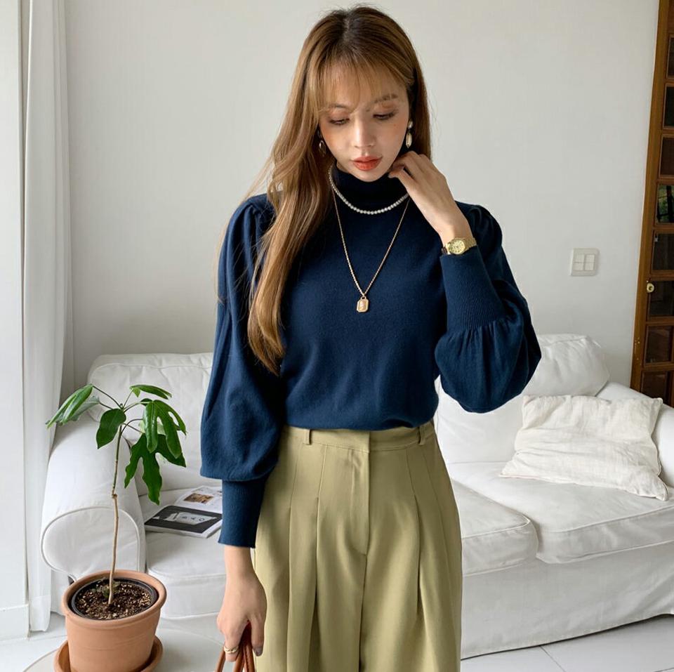 ハーフネックパフスリーブニット・全6色・b00118 レディース 【tops】 トップス ニット 長袖 ハーフネック パフスリーブ リブ スリム フィット あたたかい カジュアル ベーシック 体型カバー 冬 春 秋 韓国ファッション ハイホリHIHOLLI