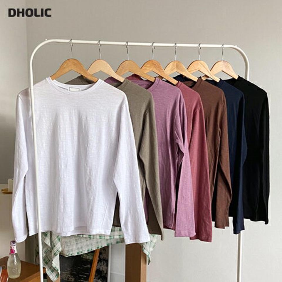ラウンドネック長袖Tシャツ・全7色・t01036 レディース 【tops】韓国ファッション トップス Tシャツ 長袖 ラウンドネック スリム フェミニン 体型カバー シンプル ガーリー カジュアル ベーシック 無地 秋 冬 NIJU