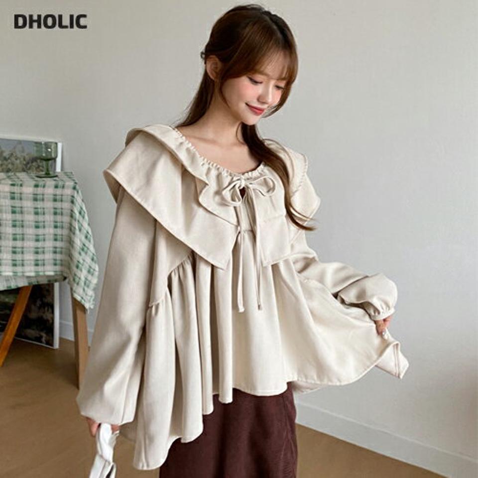 ダブルフリルカラーブラウス・全3色・t01037 レディース 【bl】韓国ファッション トップス ブラウス 長袖 ネックストラップ レイヤード フリルカラー ギャザー 無地 シンプル フェミニン ルーズ 上品 体型カバー 細身 ガーリー 春 秋 NIJU