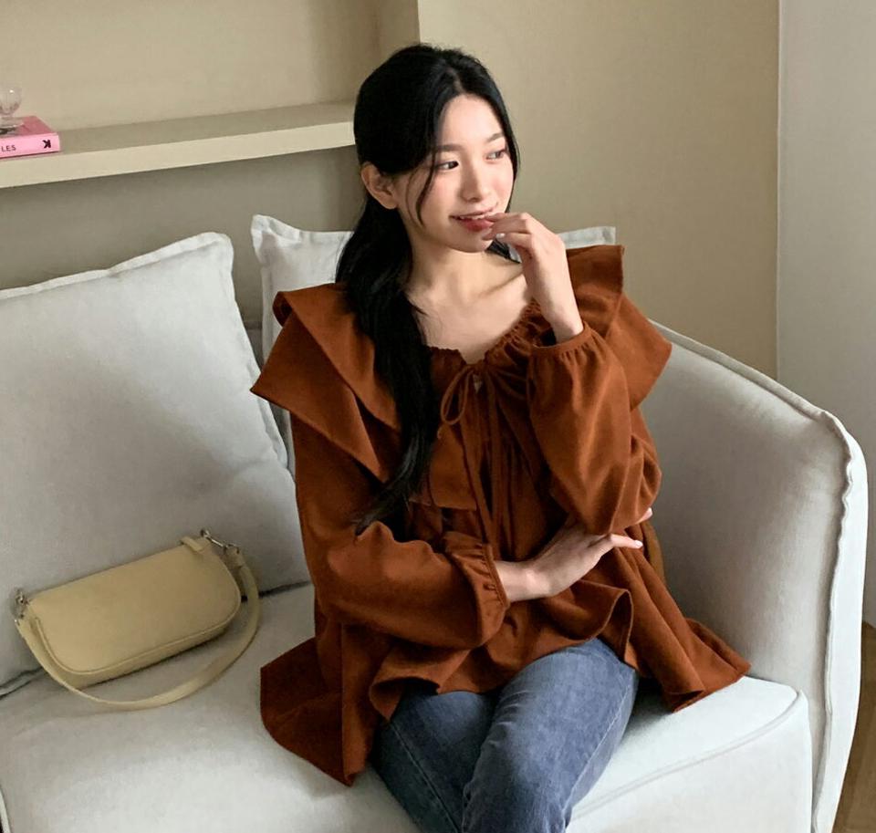 ダブルフリルカラーブラウス・全3色・t01037 レディース 【bl】韓国ファッション トップス ブラウス 長袖 ネックストラップ レイヤード フリルカラー ギャザー 無地 シンプル フェミニン ルーズ 上品 体型カバー 細身 ガーリー 春 秋 NIJU