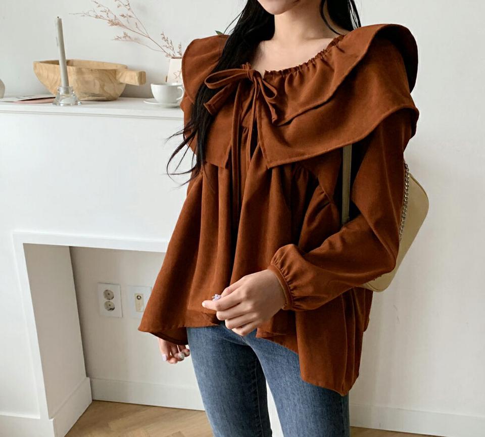 ダブルフリルカラーブラウス・全3色・t01037 レディース 【bl】韓国ファッション トップス ブラウス 長袖 ネックストラップ レイヤード フリルカラー ギャザー 無地 シンプル フェミニン ルーズ 上品 体型カバー 細身 ガーリー 春 秋 NIJU