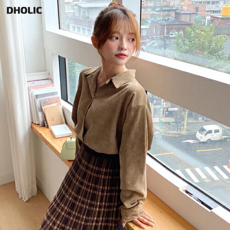 コーデュロイカラーブラウス・全4色・t01038 レディース 【bl】韓国ファッション トップス ブラウス 長袖 コーデュロイ カラー 無地 大人 アンバランス ボタン シンプル フェミニン ルーズ 上品 体型カバー 細身 ガーリー 春 秋 NIJU