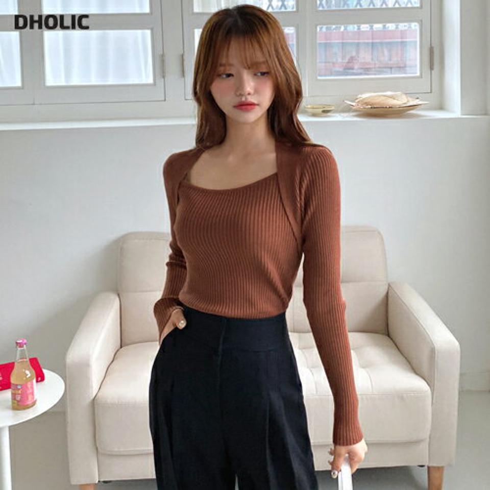 【只今10%OFF】ボレロレイヤード風リブニット・全4色・t01039 レディース 【tops】韓国ファッション トップス ニット 長袖 スクエアネック ボレロ レイヤード風 リブ ロング丈 カジュアル 体型カバー スリム 楽ちん シンプル デイリー 春 秋 NIJU【ニットセール】