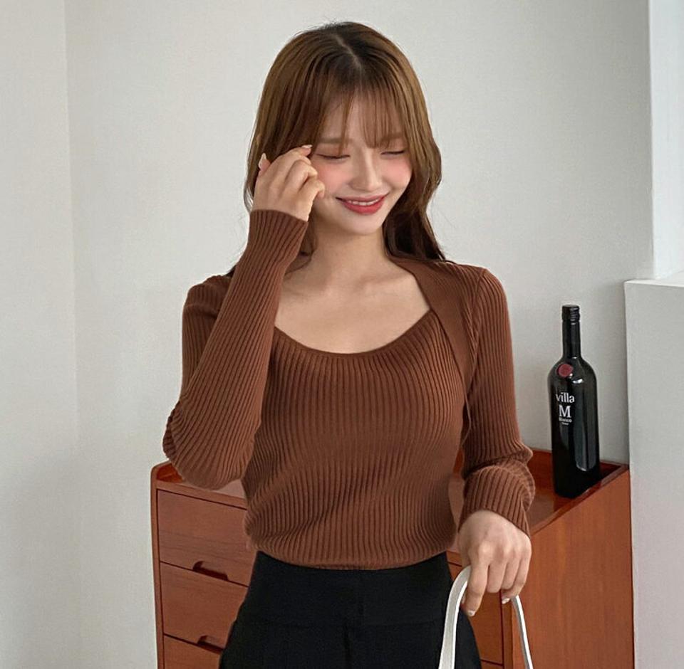 【只今10%OFF】ボレロレイヤード風リブニット・全4色・t01039 レディース 【tops】韓国ファッション トップス ニット 長袖 スクエアネック ボレロ レイヤード風 リブ ロング丈 カジュアル 体型カバー スリム 楽ちん シンプル デイリー 春 秋 NIJU【ニットセール】