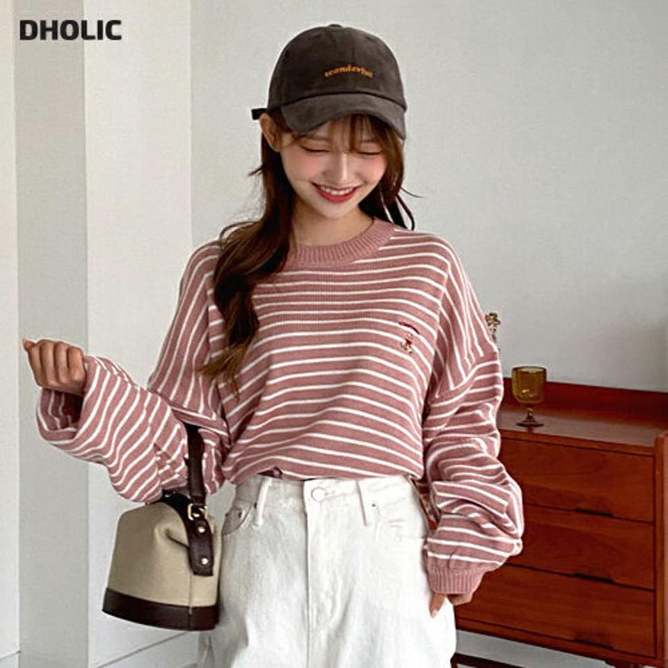 ベア刺繍ボーダーニット・全4色・t01071 レディース 【tops】韓国ファッション トップス ニット 長袖 ラウンドネック ベア 刺繍 ボーダー 体型カバー ゆったり 楽ちん フェミニン シンプル デイリー ガーリー 春 秋 NIJU