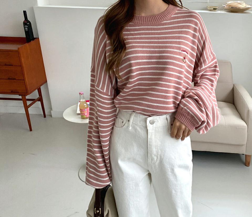 ベア刺繍ボーダーニット・全4色・t01071 レディース 【tops】韓国ファッション トップス ニット 長袖 ラウンドネック ベア 刺繍 ボーダー 体型カバー ゆったり 楽ちん フェミニン シンプル デイリー ガーリー 春 秋 NIJU