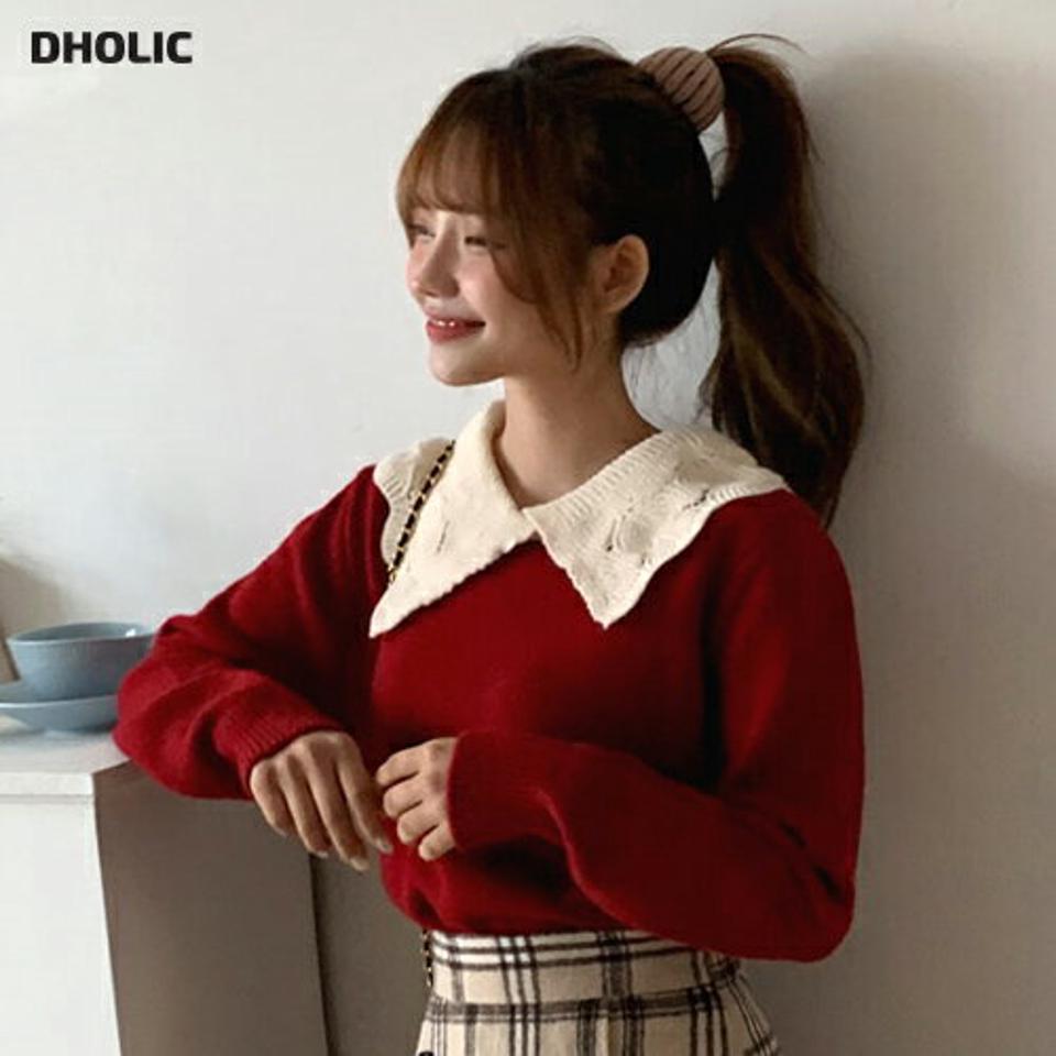 【只今10%OFF】配色ウェーブカラーニット・全2色・b01042 レディース 【tops】韓国ファッション トップス 長袖 ラウンドネック 配色 ウェーブ カラー ルーズ ウール混紡 ユニーク 体型カバー ゆったり 楽ちん フェミニン シンプル デイリー 春 秋 NIJU【ニットセール】