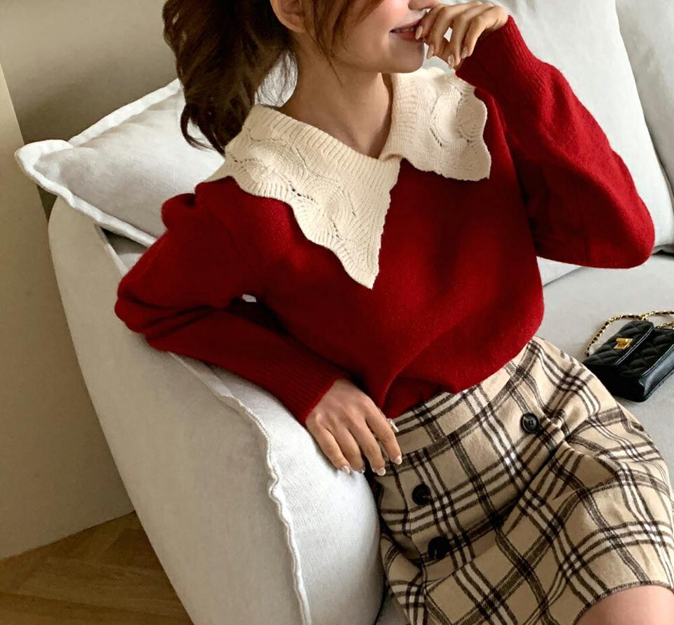 【只今10%OFF】配色ウェーブカラーニット・全2色・b01042 レディース 【tops】韓国ファッション トップス 長袖 ラウンドネック 配色 ウェーブ カラー ルーズ ウール混紡 ユニーク 体型カバー ゆったり 楽ちん フェミニン シンプル デイリー 春 秋 NIJU【ニットセール】