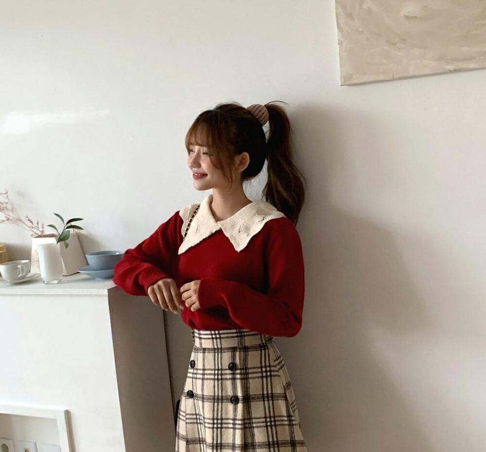 【只今10%OFF】配色ウェーブカラーニット・全2色・b01042 レディース 【tops】韓国ファッション トップス 長袖 ラウンドネック 配色 ウェーブ カラー ルーズ ウール混紡 ユニーク 体型カバー ゆったり 楽ちん フェミニン シンプル デイリー 春 秋 NIJU【ニットセール】
