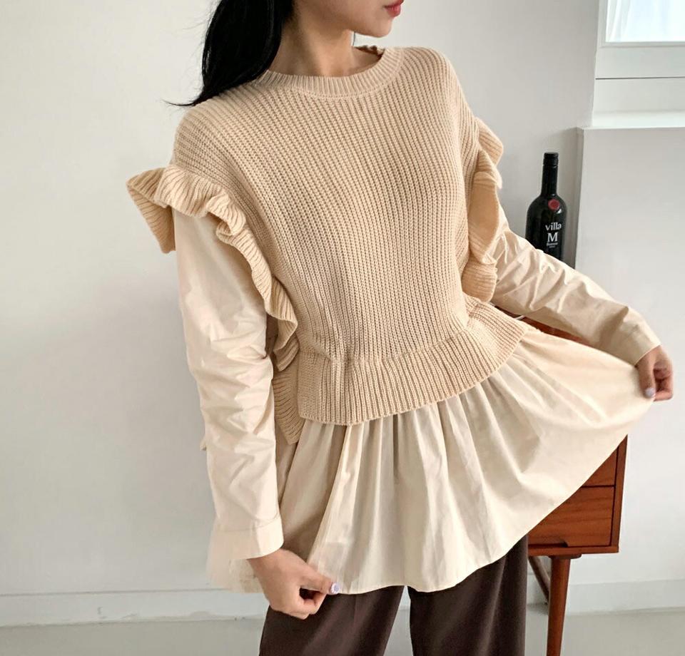 ドッキングフリルニット・全2色・b01043 レディース 【tops】韓国ファッション トップス ニット 長袖 ラウンドネック ドッキング フリル ルーズ ボタン ユニーク 体型カバー ゆったり 楽ちん フェミニン シンプル デイリー 春 秋 NIJU