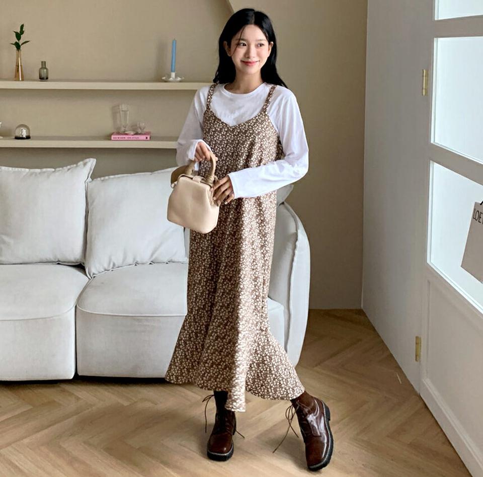 小花柄フリルスリーブレスワンピース・全3色・t01072 レディース 【ops】韓国ファッション ワンピース ロング ロングワンピース 長袖 Vネック 小花柄 フリル スリーブレス ロング丈 シンプル ルーズ 楽ちん 体型カバー デイリー 春 秋 NIJU