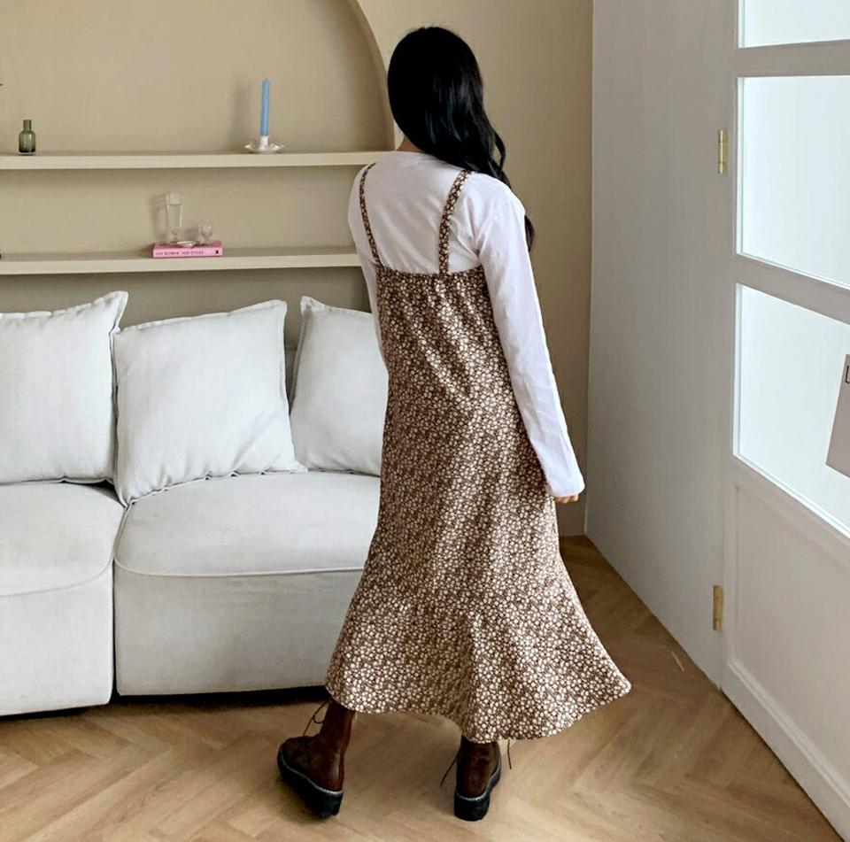 小花柄フリルスリーブレスワンピース・全3色・t01072 レディース 【ops】韓国ファッション ワンピース ロング ロングワンピース 長袖 Vネック 小花柄 フリル スリーブレス ロング丈 シンプル ルーズ 楽ちん 体型カバー デイリー 春 秋 NIJU
