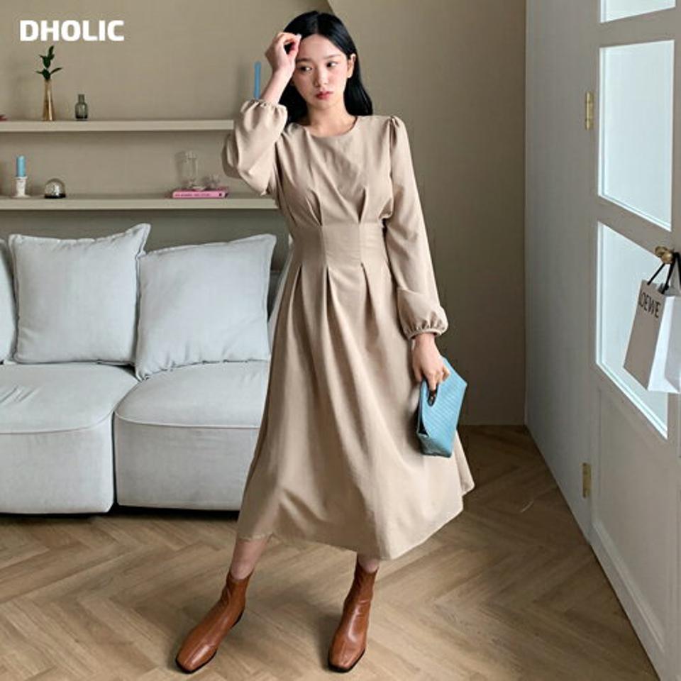 タックバックリボンワンピース・全3色・t01074 レディース 【ops】韓国ファッション ワンピース ロング ロングワンピース 長袖 ラウンドネック タック リボン ロング丈 無地 シンプル ルーズ 楽ちん 体型カバー デイリー 春 秋 NIJU