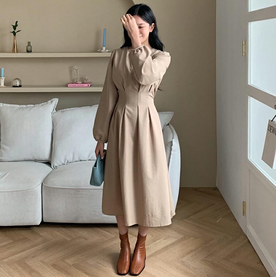 タックバックリボンワンピース・全3色・t01074 レディース 【ops】韓国ファッション ワンピース ロング ロングワンピース 長袖 ラウンドネック タック リボン ロング丈 無地 シンプル ルーズ 楽ちん 体型カバー デイリー 春 秋 NIJU