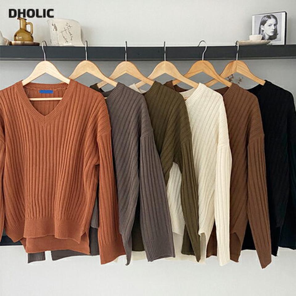 ≪人気商品再入荷≫リブサイドスリットニット・全6色・t01052 レディース 【tops】韓国ファッション トップス ニット 長袖 Vネック リブ スリット ルーズ アンバランス カラーニット ゆったり 楽ちん フェミニン 無地 シンプル デイリー 秋 冬 NIJU