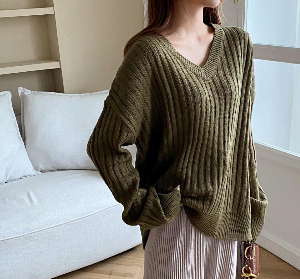 ≪人気商品再入荷≫リブサイドスリットニット・全6色・t01052 レディース 【tops】韓国ファッション トップス ニット 長袖 Vネック リブ スリット ルーズ アンバランス カラーニット ゆったり 楽ちん フェミニン 無地 シンプル デイリー 秋 冬 NIJU