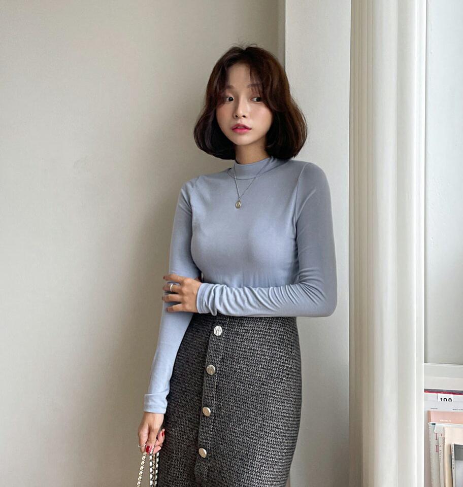 ハーフネックスリムTシャツ・全6色・t65136 レディース 【tops】韓国ファッション トップス Tシャツ 大人 長袖 ハーフネック シンプル 無地 ベーシック カジュアル スリム 体型カバー 細身 フェミニン デイリー 上品 秋 春