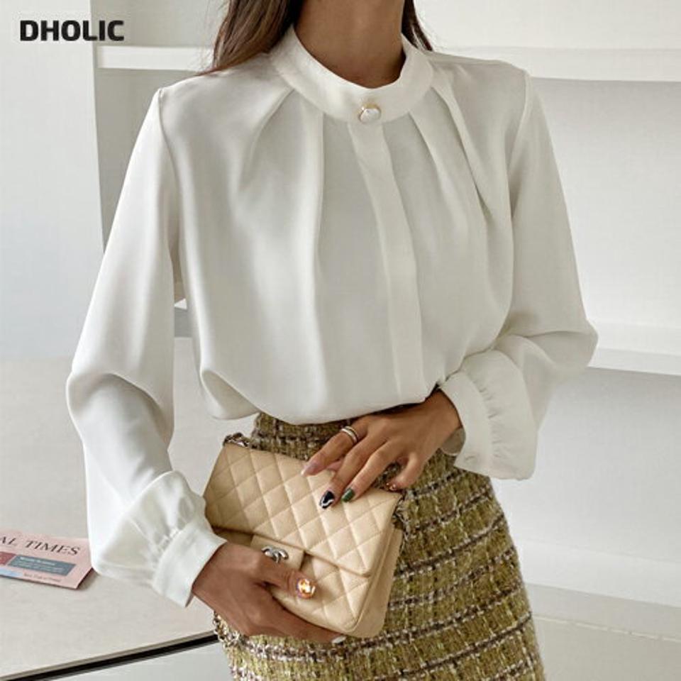 フェイクパールギャザーブラウス・全3色・t65139 レディース 【bl】韓国ファッション トップス ブラウス 長袖 フェイクパール ギャザー 大人 上品 ボタン 無地 シンプル ベーシック フェミニン カジュアル 体型カバー ガーリー 秋 春