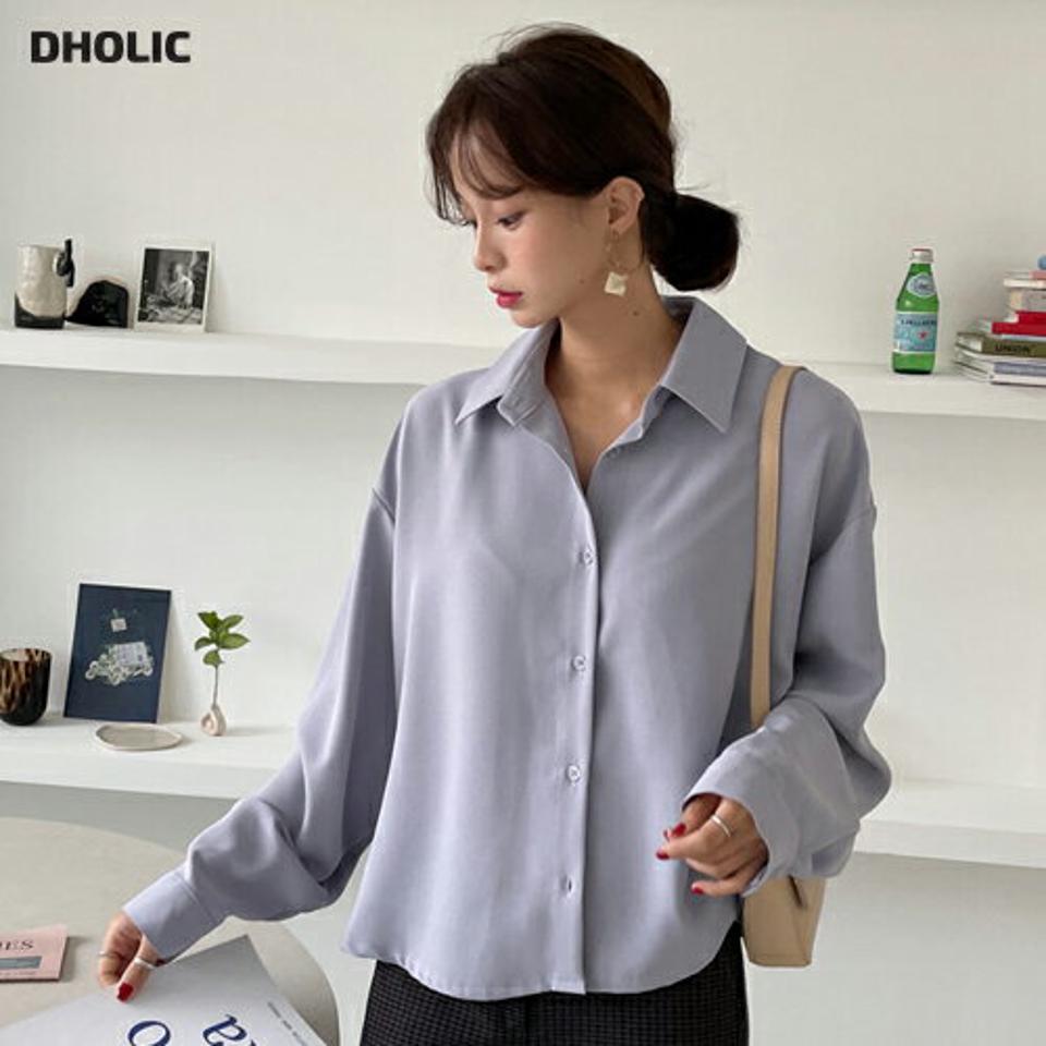 カラーネッククロップドシャツ・全4色・t65141 レディース 【bl】韓国ファッション トップス シャツ 長袖 カラーネックク ロップド丈 上品 シルキー タック ボタン 無地 シンプル ベーシック カジュアル ルーズ 体型カバー ガーリー 秋 春