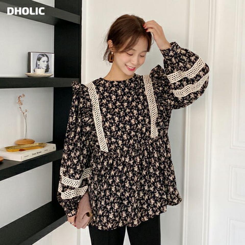 2WAYフローラルレースブラウス・全2色・t65170 レディース 【bl】韓国ファッション トップス ブラウス 長袖 2WAY 花柄 フローラル フラワー レース フリル ギャザー 大人 上品 シンプル ボタン フェミニン カジュアル 体型カバー ガーリー 秋 春