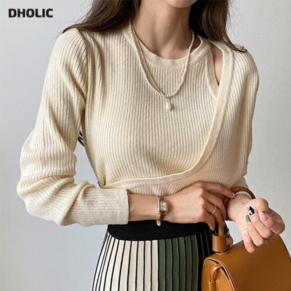 ショルダースリットラップニット・全3色・t65143 レディース 【tops】韓国 ファッション トップス ニット 大人 長袖 ラウンドネック ショルダー スリット ラップ スリット シンプル 無地 ベーシック カジュアル 体型カーバー フェミニン 上品 秋 春