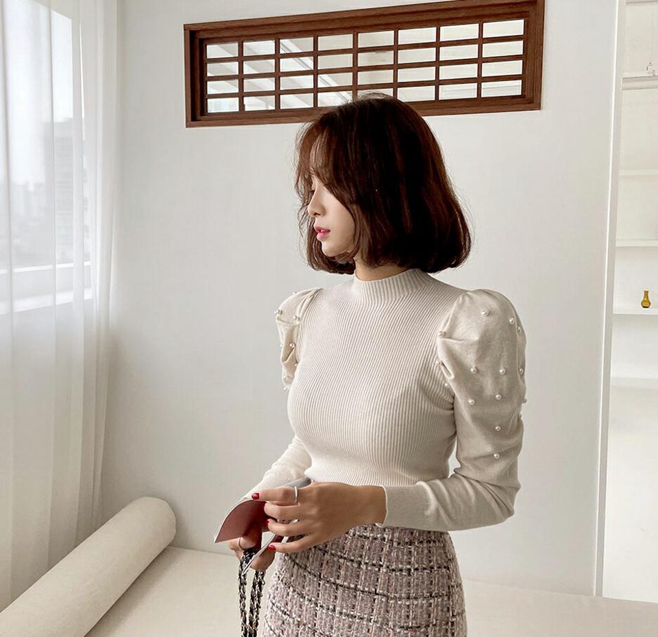 フェイクパールパフニット・全3色・b65145 レディース 【tops】韓国ファッション トップス ニット 大人 長袖 ハーフネック フェイクパール パフ シンプル カジュアル デイリー スリム 体型カバー フェミニン 上品 秋 春