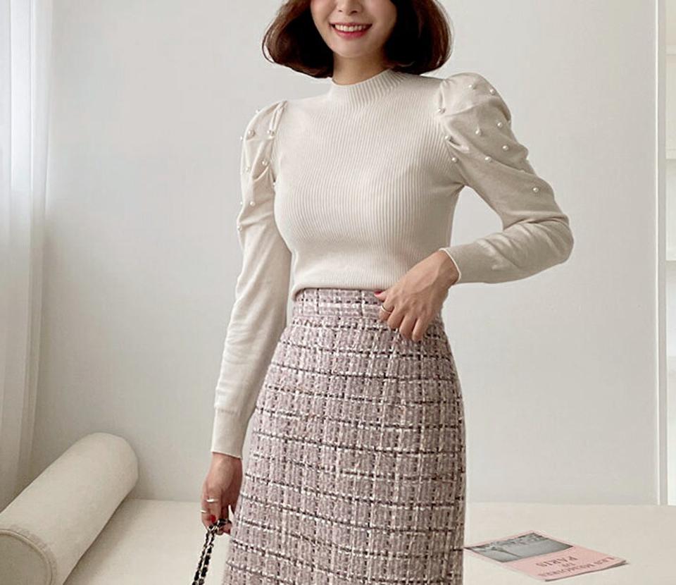 フェイクパールパフニット・全3色・b65145 レディース 【tops】韓国ファッション トップス ニット 大人 長袖 ハーフネック フェイクパール パフ シンプル カジュアル デイリー スリム 体型カバー フェミニン 上品 秋 春
