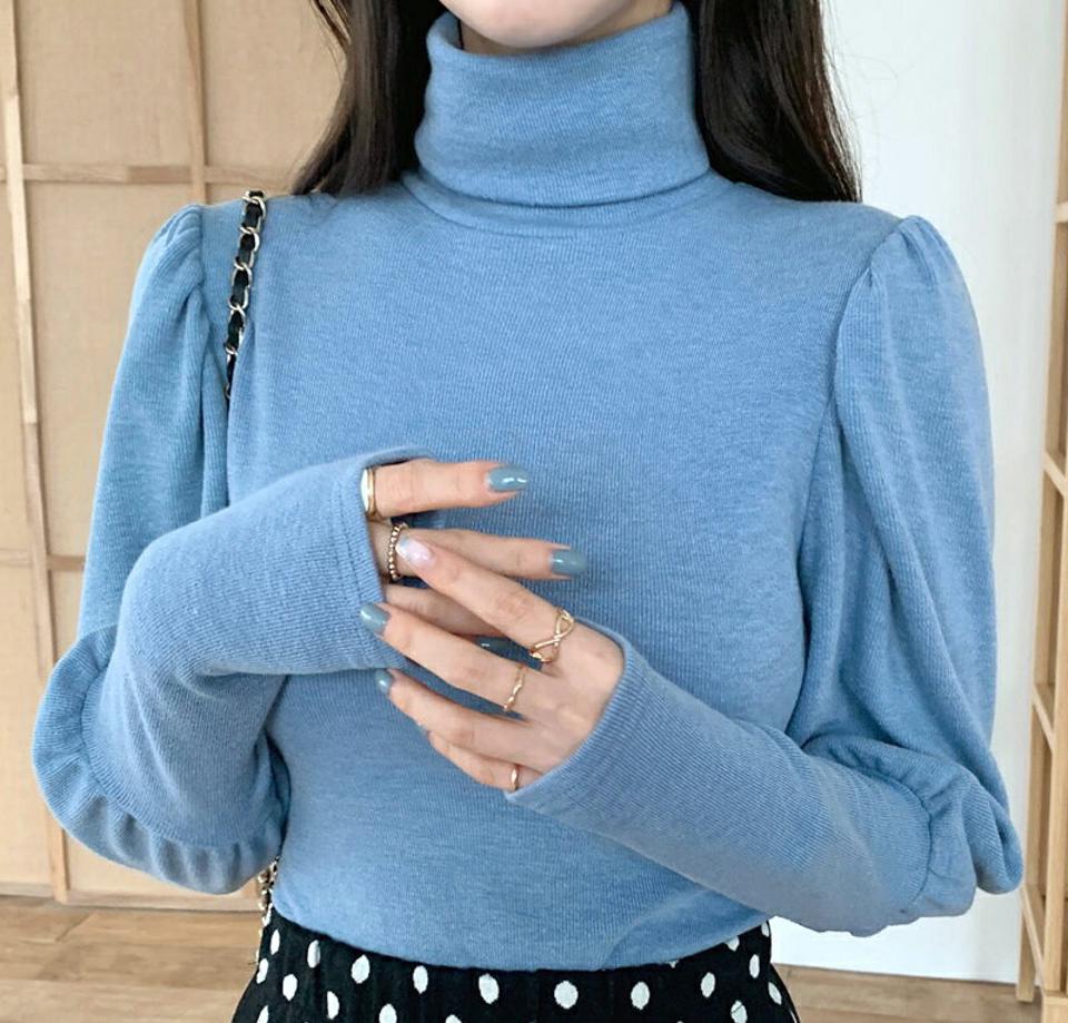 タートルネックパフスリーブTシャツ・全4色・b70507 レディース 【tops】 トップス Tシャツ 長袖 タートルネック 保温性 あたたかい パフスリーブ カジュアル ベーシック デイリー 細身 冬 春 秋 韓国ファッション ハイホリHIHOLLI