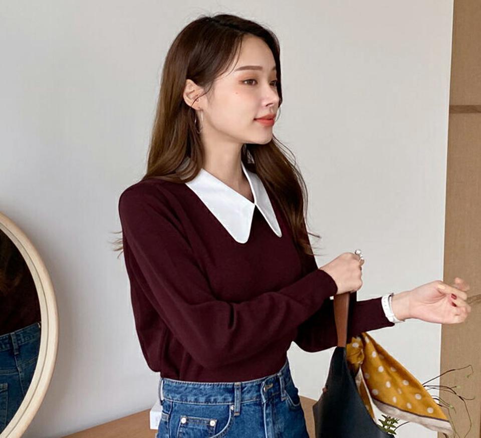配色カラーネックニット・全6色・b70510 レディース 【tops】 トップス ニット 長袖 配色 カラーネック レイヤード風 オフィスカジュアル スリム ベーシック あたたかい カジュアル 体型カバー 冬 春 秋 韓国ファッション ハイホリHIHOLLI