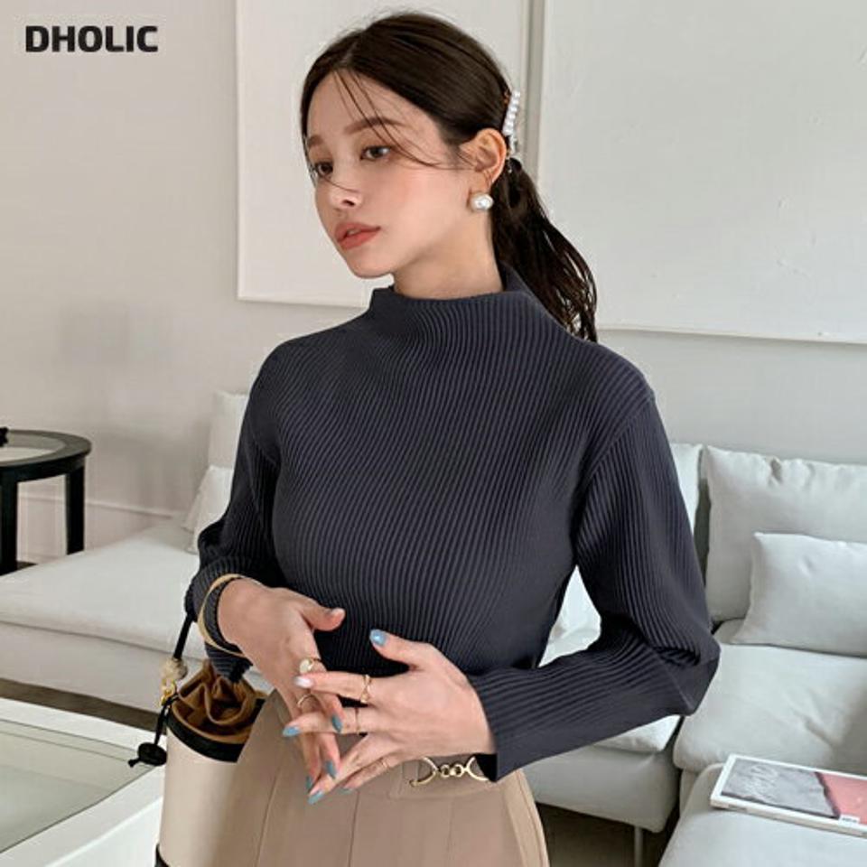 プリーツハーフネックブラウス・全3色・b70514 レディース 【bl】 トップス ブラウス 長袖 プリーツ ハーフネック 大人 スリム ベーシック フェミニン カジュアル 春 秋 韓国ファッション ハイホリHIHOLLI