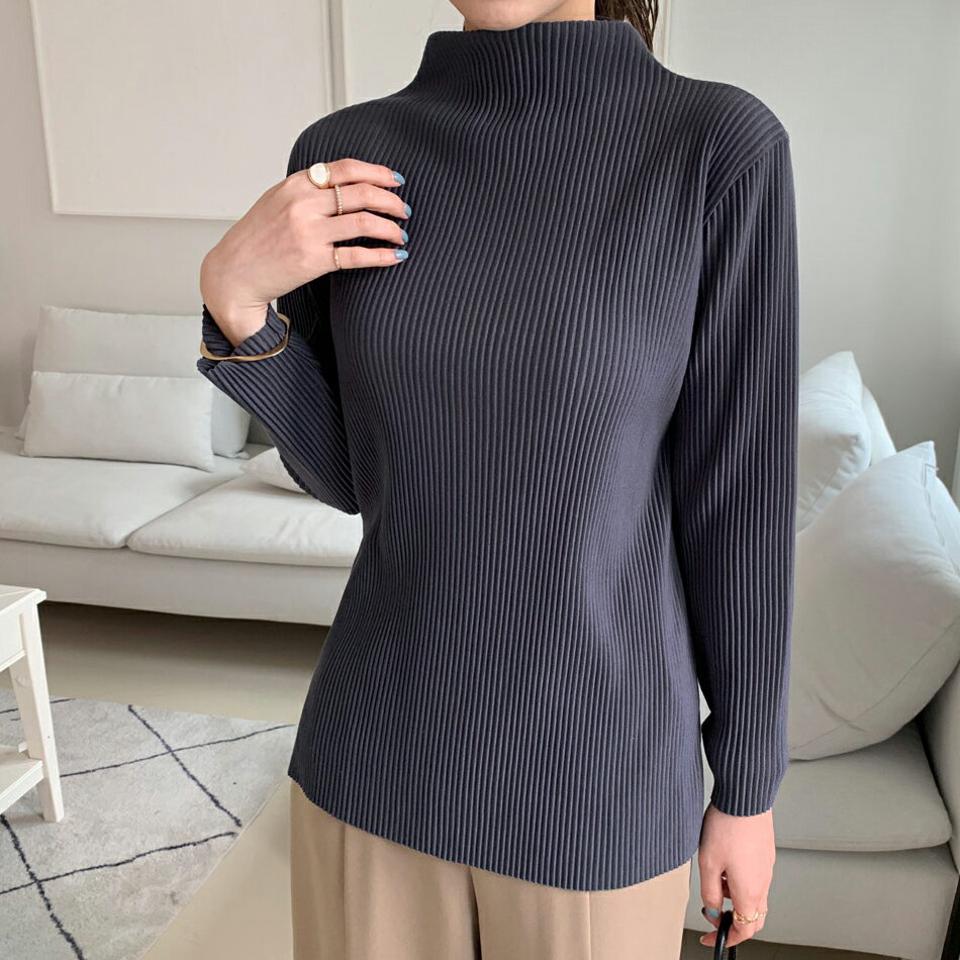 プリーツハーフネックブラウス・全3色・b70514 レディース 【bl】 トップス ブラウス 長袖 プリーツ ハーフネック 大人 スリム ベーシック フェミニン カジュアル 春 秋 韓国ファッション ハイホリHIHOLLI