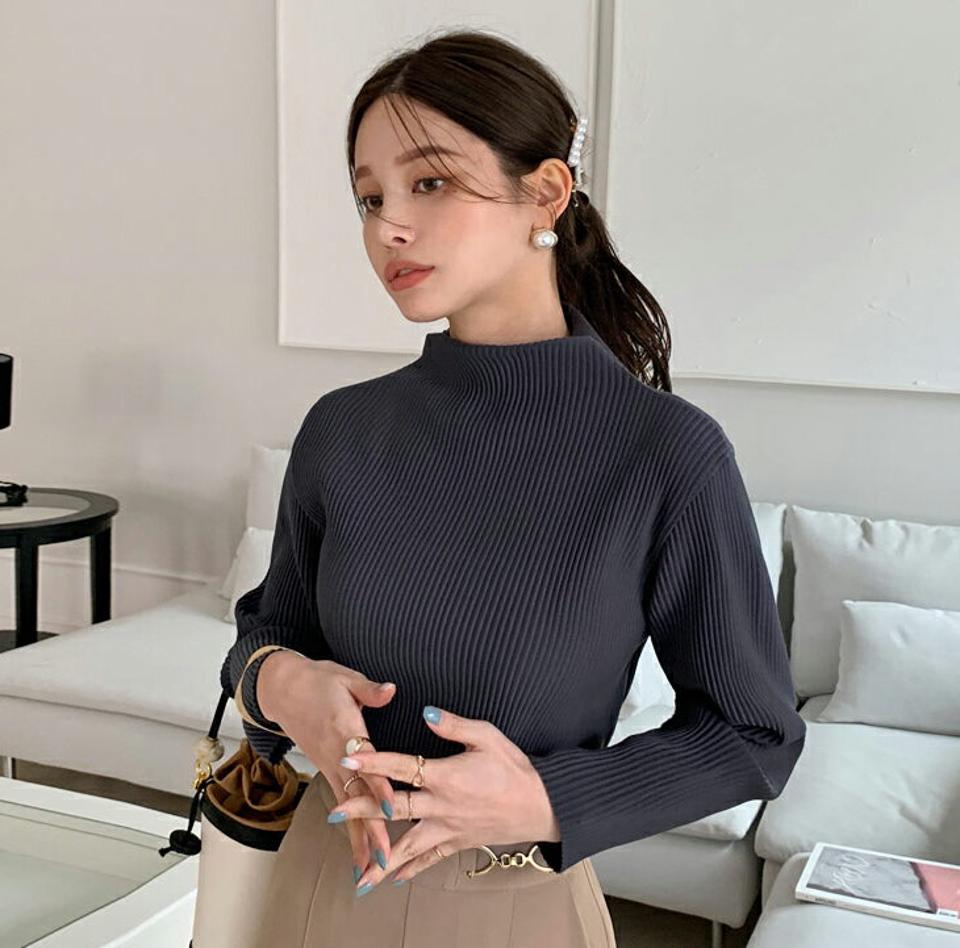 プリーツハーフネックブラウス・全3色・b70514 レディース 【bl】 トップス ブラウス 長袖 プリーツ ハーフネック 大人 スリム ベーシック フェミニン カジュアル 春 秋 韓国ファッション ハイホリHIHOLLI