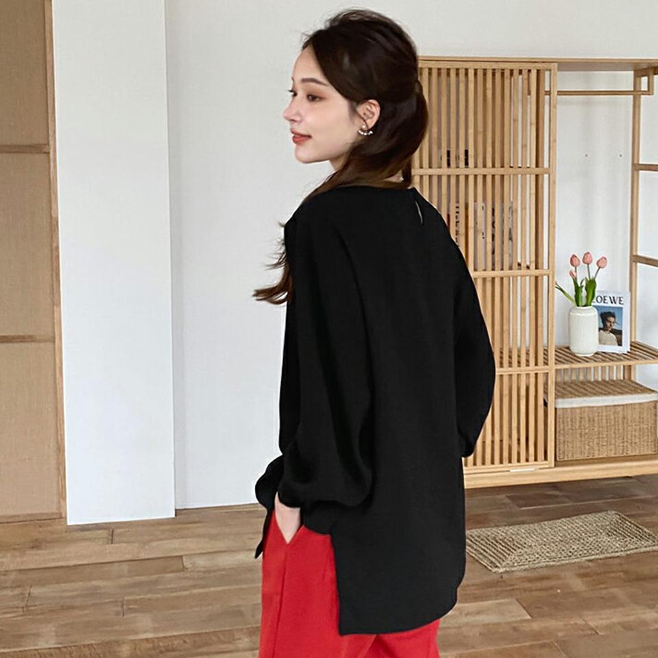 アンバランスラッフルブラウス・全3色・b70515 レディース 【bl】 トップス ブラウス 長袖 アンバランス ラッフル ラウンドネック オフィスカジュアル 大人 ベーシック フェミニン カジュアル 春 秋 韓国ファッション ハイホリHIHOLLI