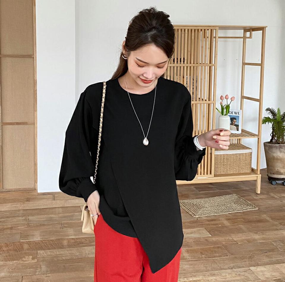 アンバランスラッフルブラウス・全3色・b70515 レディース 【bl】 トップス ブラウス 長袖 アンバランス ラッフル ラウンドネック オフィスカジュアル 大人 ベーシック フェミニン カジュアル 春 秋 韓国ファッション ハイホリHIHOLLI