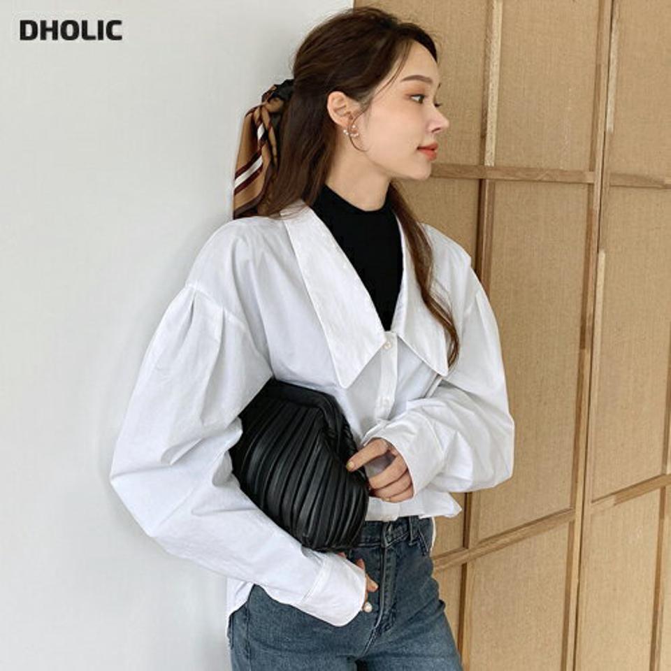 ロングカラーコットンブラウス・全2色・t70516 レディース 【bl】 トップス ブラウス 長袖 ビックカラー コットン ルーズ ゆったり 大人 スリム ベーシック フェミニン カジュアル 春 秋 韓国 ファッション ハイホリHIHOLLI