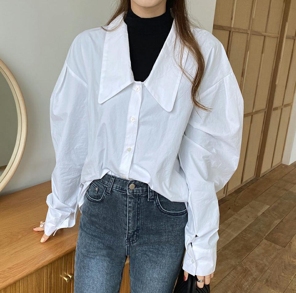 ロングカラーコットンブラウス・全2色・t70516 レディース 【bl】 トップス ブラウス 長袖 ビックカラー コットン ルーズ ゆったり 大人 スリム ベーシック フェミニン カジュアル 春 秋 韓国 ファッション ハイホリHIHOLLI