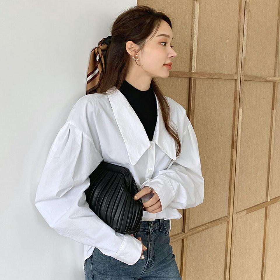 ロングカラーコットンブラウス・全2色・t70516 レディース 【bl】 トップス ブラウス 長袖 ビックカラー コットン ルーズ ゆったり 大人 スリム ベーシック フェミニン カジュアル 春 秋 韓国 ファッション ハイホリHIHOLLI