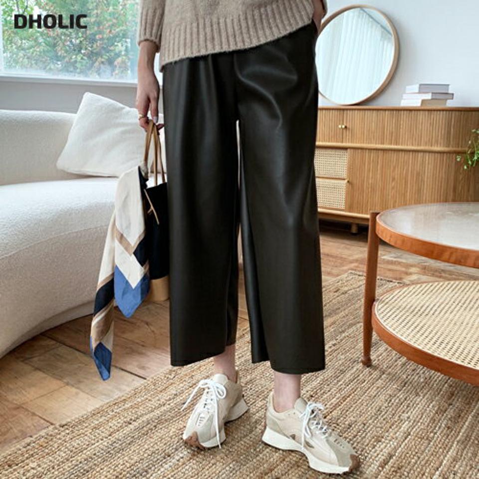 フェイクファー裏地レザー調ワイドパンツ・全2色・t70525 レディース 【pt】 ボトムス ロング ロングパンツ ワイド ファー裏地 レザー ルーズ ゆったり ベーシック 体型カバー 着痩せ 長足 春 秋 韓国ファッション ハイホリHIHOLLI