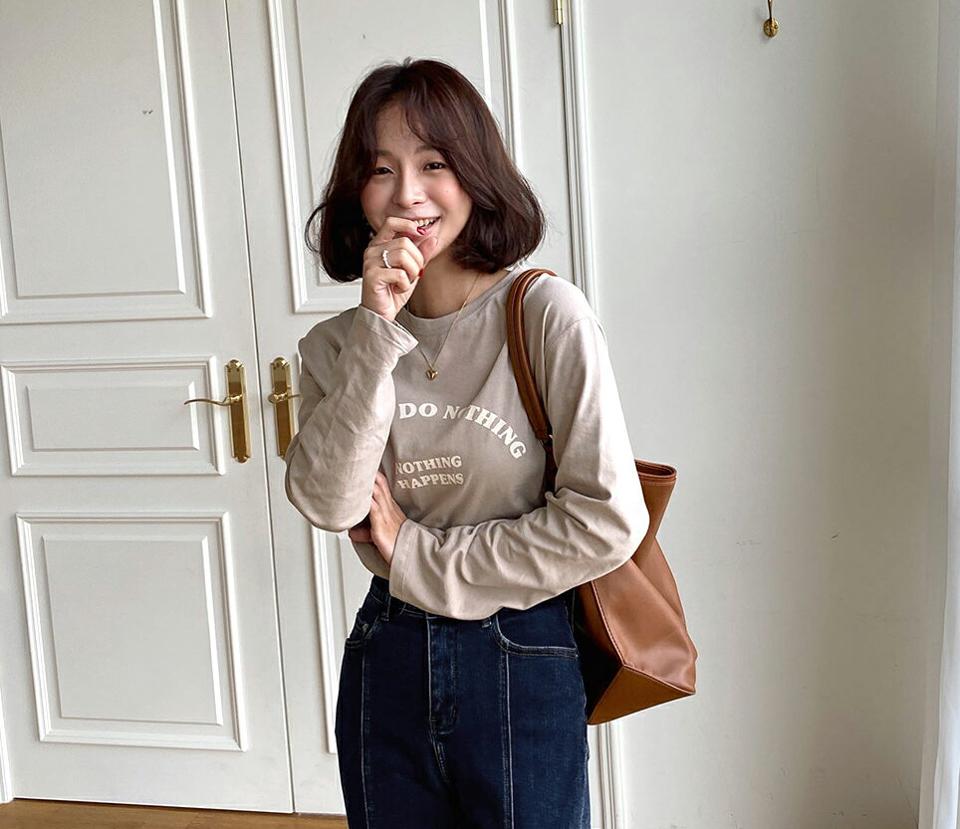 【マラソン特価】レタリング長袖Tシャツ・全3色・b66026 レディース 【tops】韓国ファッション トップス Tシャツ 大人 長袖 ラウンドネック レタリング ロゴ ロゴT シンプル ベーシック カジュアル ルーズ 細身 フェミニン デイリー 上品 秋 春 セール