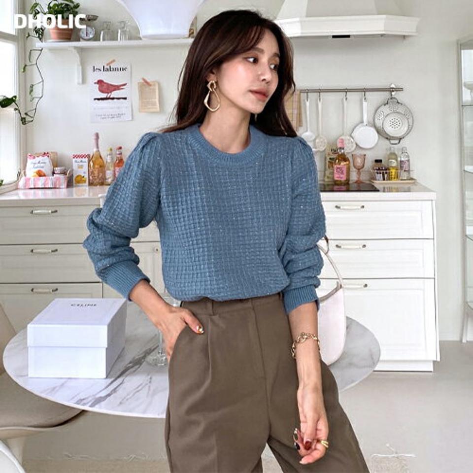 【只今10%OFF】グリッターラウンドニット・全4色・t66039 レディース 【tops】韓国ファッション トップス ニット 大人 長袖 ラウンドネック グリッター ツイード風 パフスリーブ カラーニット スクエアパターン シンプル 体型カバー フェミニン 上品 秋 春【ニットセール】