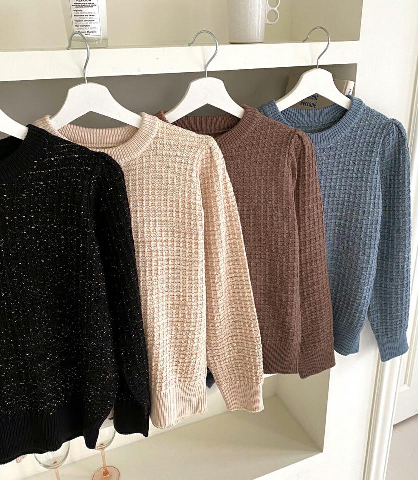 【只今10%OFF】グリッターラウンドニット・全4色・t66039 レディース 【tops】韓国ファッション トップス ニット 大人 長袖 ラウンドネック グリッター ツイード風 パフスリーブ カラーニット スクエアパターン シンプル 体型カバー フェミニン 上品 秋 春【ニットセール】